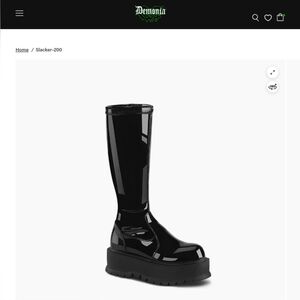 Demonia Slacker-200 Black Patent Leather Knee High Platform Boots